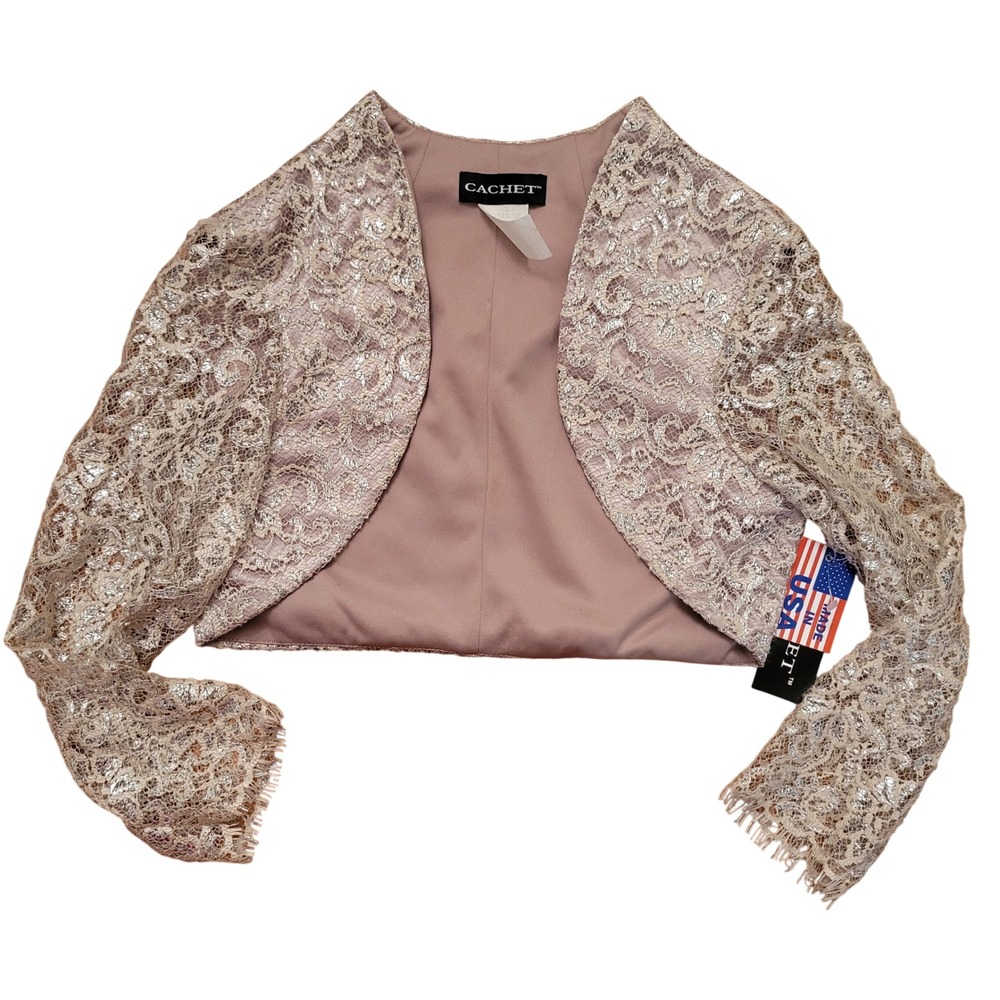 Cachet 8 Bolero Shrug Gold Beige Metallic Lace USA Formal Vintage Cover Up Gala